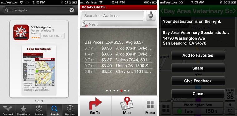 Verizon VZ Navigator iOS app screenshots