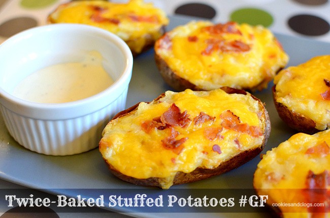 Gluten-Free Twice-Baked Stuffed Potatoes Recipe with cheese, bacon, sour cream, and butter #Recipe #GF
