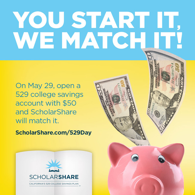 Education | Scholarshare will match your deposit up to $50 on National 529 Day on Friday, May 29, 2015. Details on opening an account here.