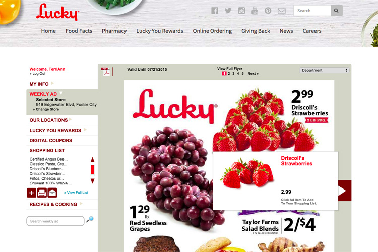 Technology | Shopping | The new Lucky You Rewards program from Lucky Supermarkets lets you earn points for grocery shopping, get digital coupons, make shopping lists, find recipes, and make meal plans. Use online or the mobile app.