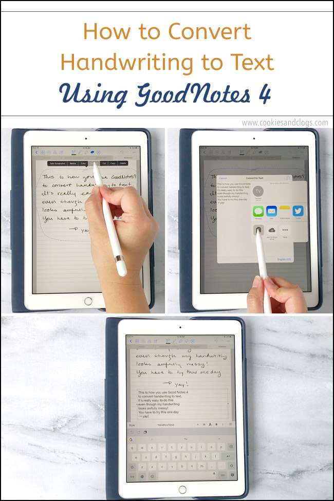 Cookies & Clogs | Technology | If use an iPad Pro and an Apple Pencil to take notes, you will need this easy tutorial. Find out how to convert handwriting to text using the GoodNotes 4 app. Includes video.