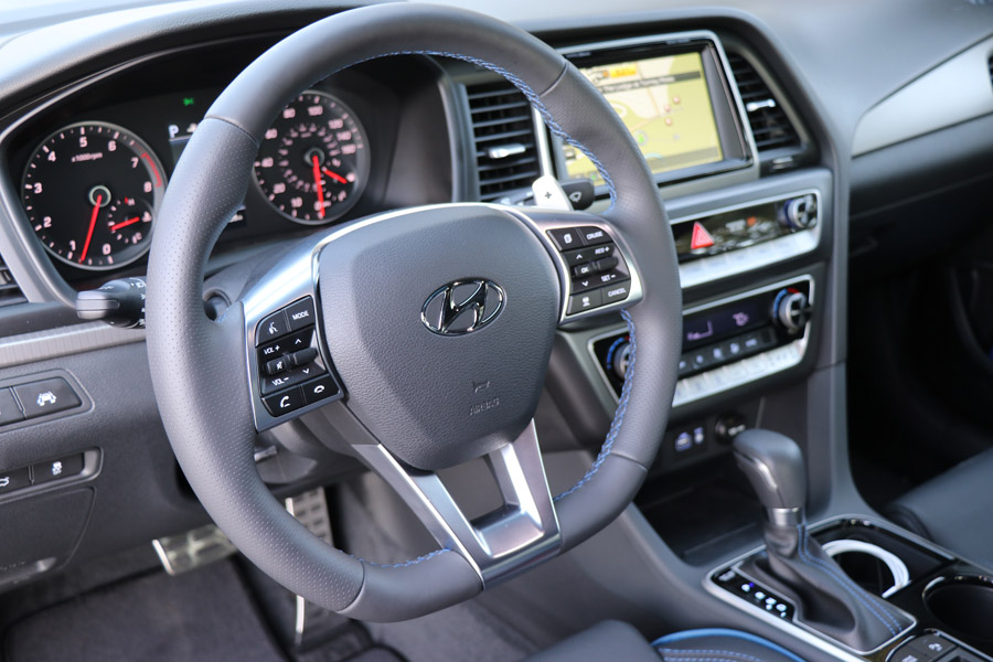 2018 Hyundai Sonata Sport gray interior with D shape steering wheel and blue accents