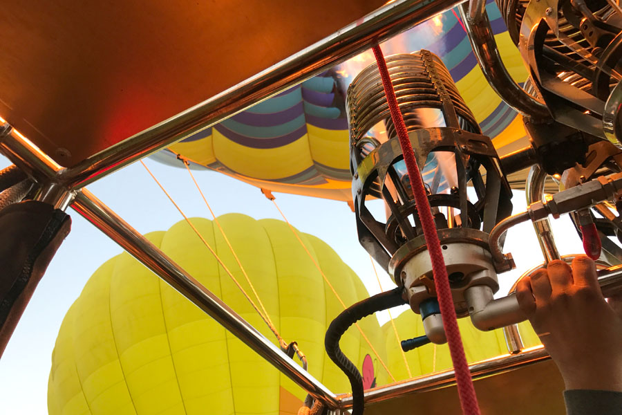 Hot air balloon ride over Napa Valley California Burner closeup