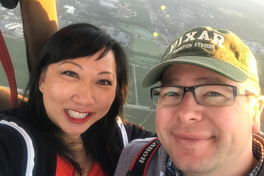 Hot air balloon ride over Napa Valley California couple selfie