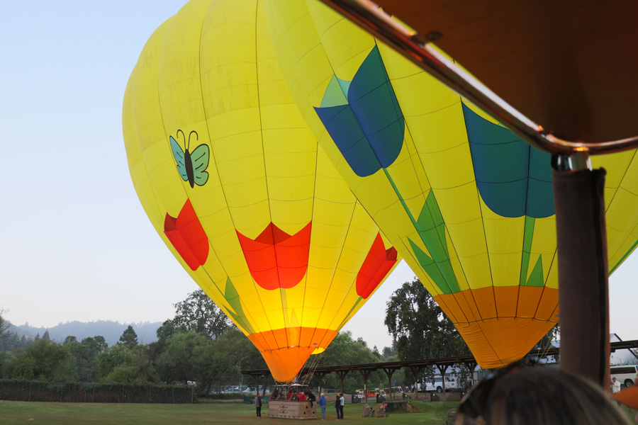 Hot air balloon ride over Napa Valley California morning glow