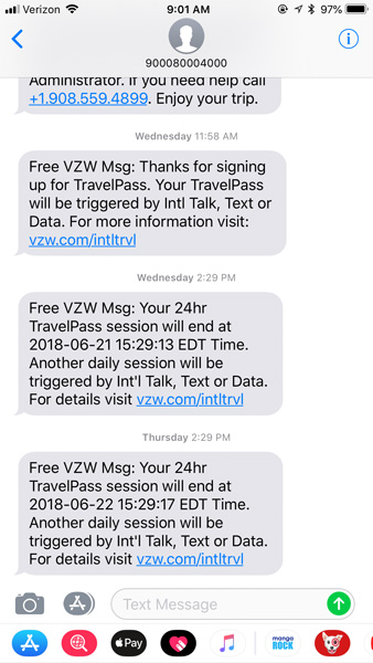 Reasonable and Reliable Cell Phone Service in Europe and other countries with Verizon TravelPass confirmation