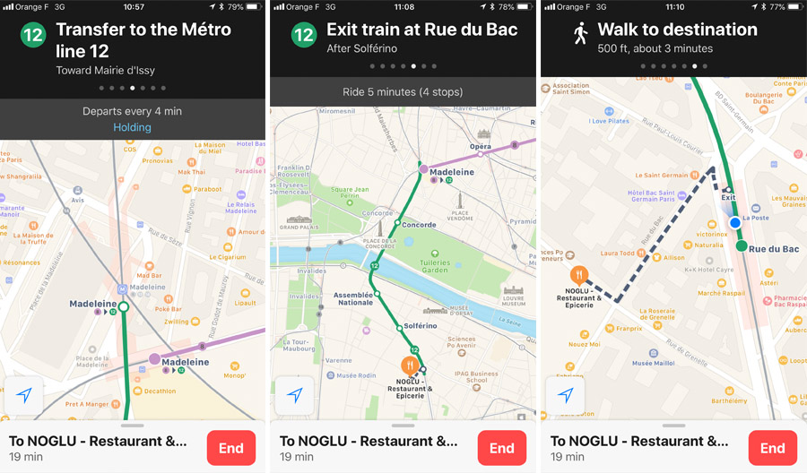 Paris Metro & Bus Public Transportation Guide: Free mobile app, Apple Maps screenshots with Metro line and walking directions