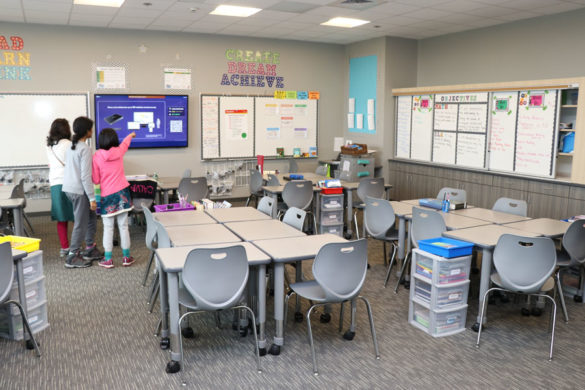 New houses in Mountain House CA — Hanson Elementary School tour with classroom and multi-purpose room gym