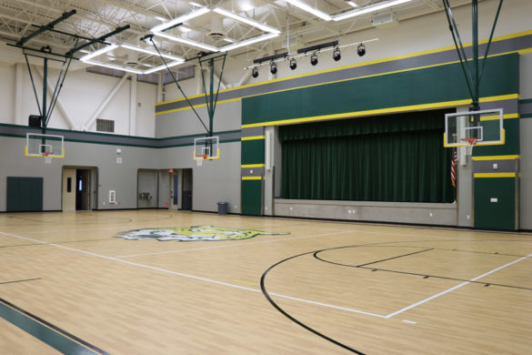 New houses in Mountain House CA — Hanson Elementary School tour with classroom and multi-purpose room gym