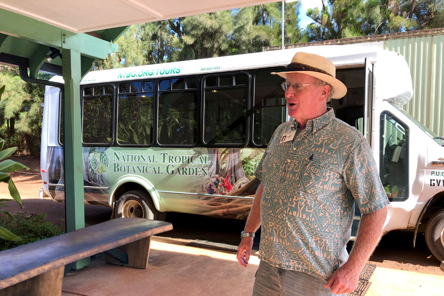 Taking the Allerton Garden Tour in Lawai Valley on the South Shore. 1 of 3 National Tropical Botanical Gardens in Kauai Hawaii. Shuttle bus and docent / guide