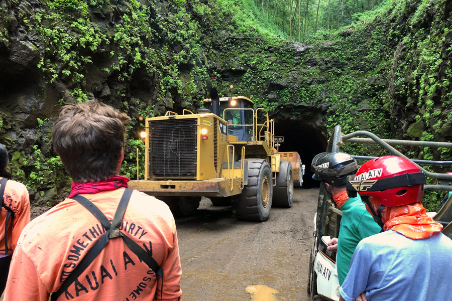 Kauai ATV Waterfall tour with family / teens in Ohana Bug in Kauai Hawaii Bulldozer tunnel