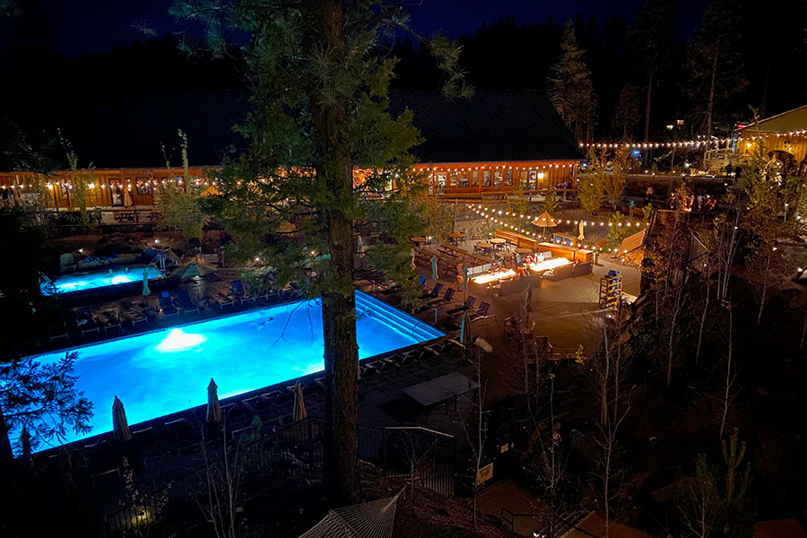 Rush Creek Lodge in Groveland, CA near Yosemite National Park Pool at Night