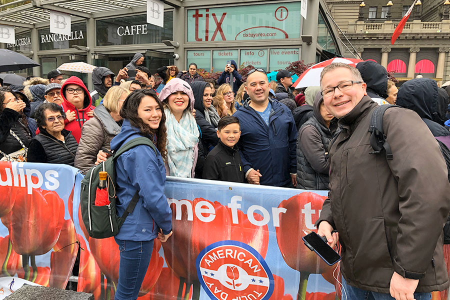 2020 Flower Bulb Day in San Francisco on March 7th! at Union Square in San Francisco on March 7. Photo from 2019 free tulips event family entrance