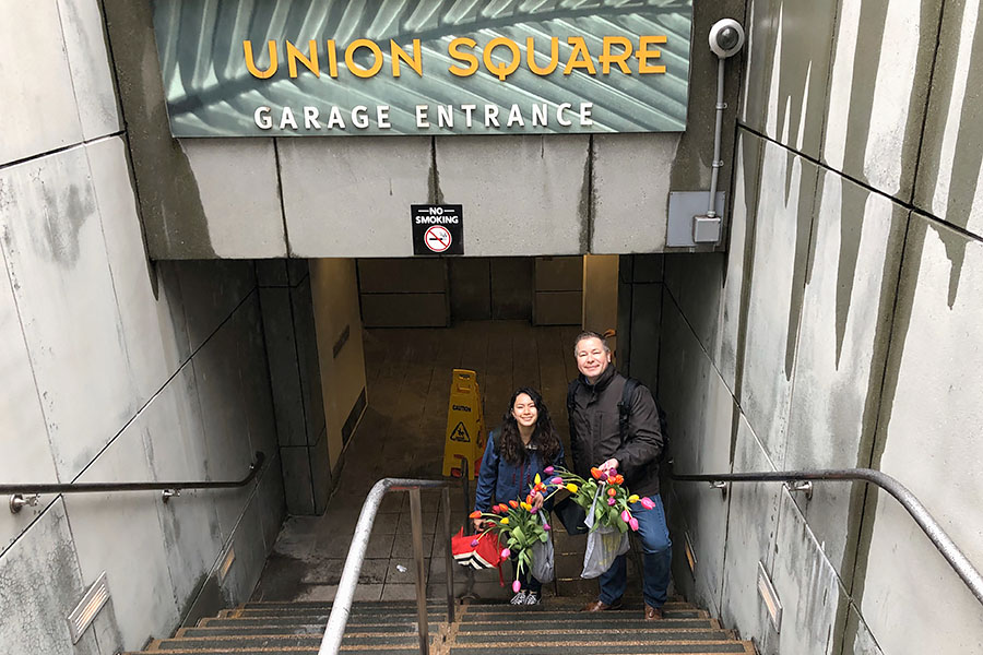2020 Flower Bulb Day in San Francisco on March 7th! at Union Square in San Francisco on March 7. Photo from 2019 free tulips event underground parking garage